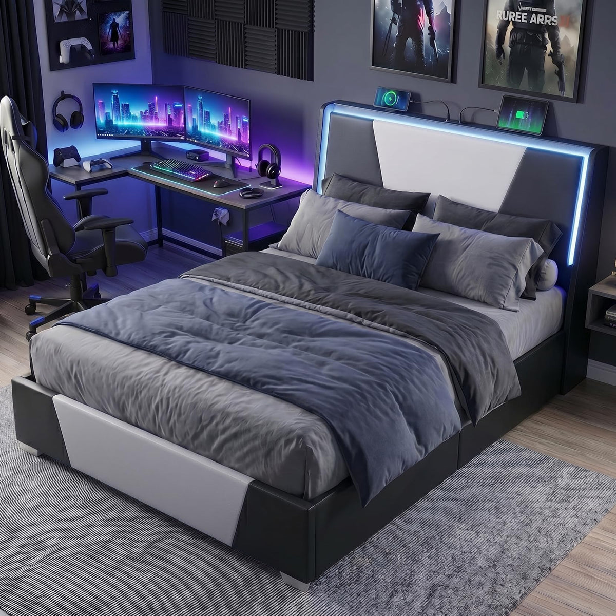Full Size Bed Frame with Led Lights and 4 Storage Drawers R6022