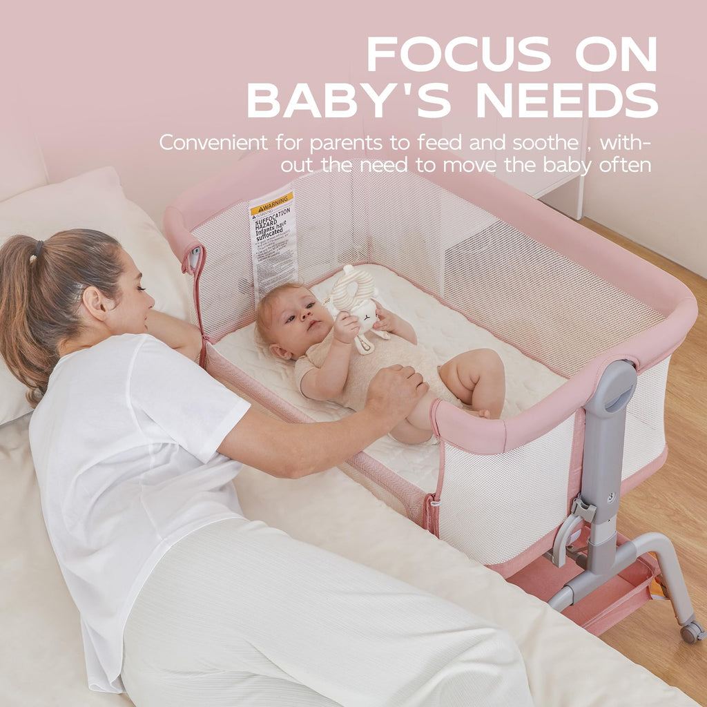 Baby Bassinet Bedside Crib with Mattress & Sheet, 4-Sided Mesh, Pink I986