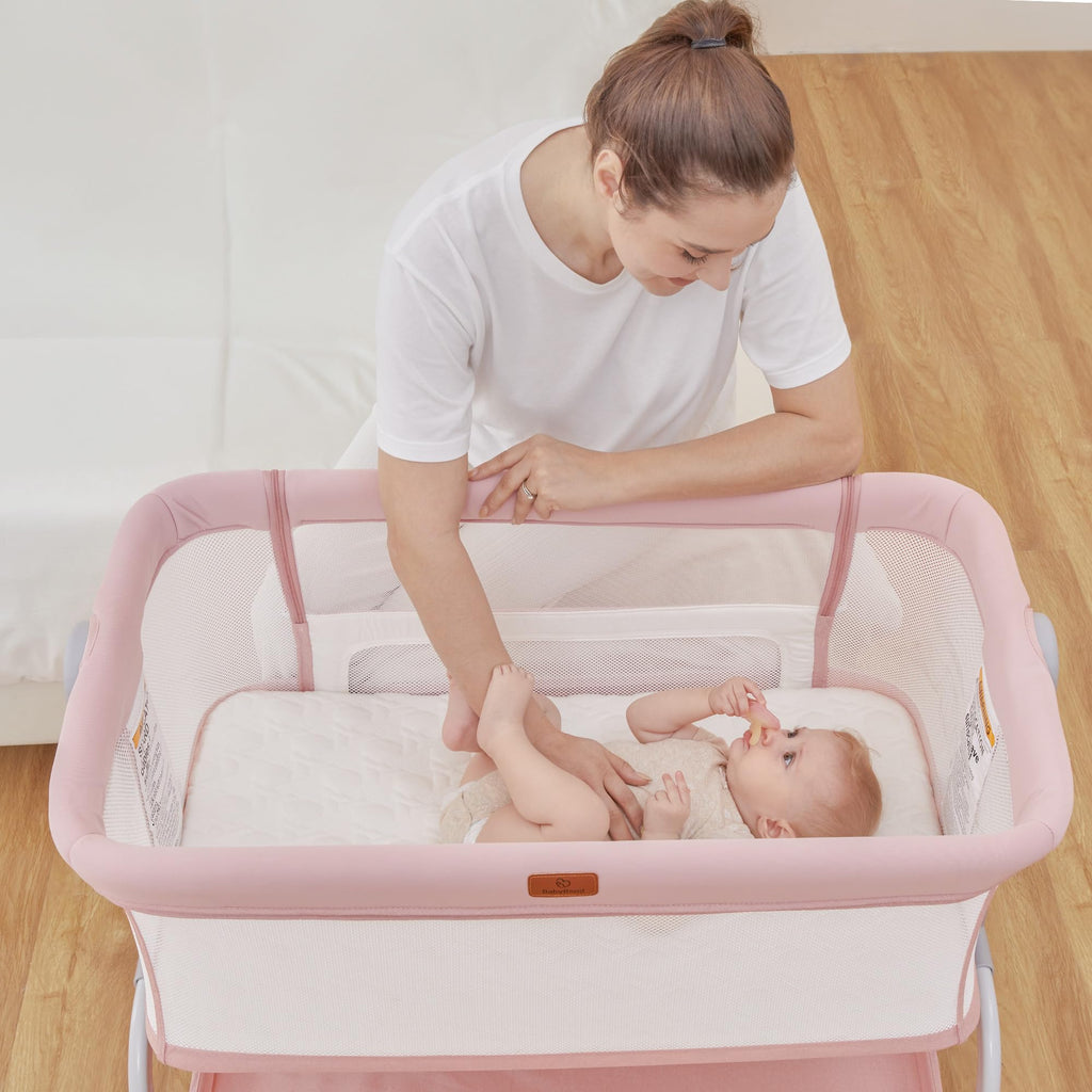 Baby Bassinet Bedside Crib with Mattress & Sheet, 4-Sided Mesh, Pink I986