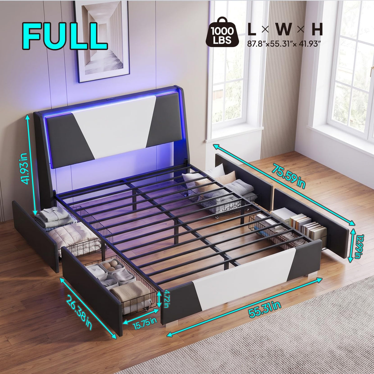 Full Size Bed Frame with Led Lights and 4 Storage Drawers R6022