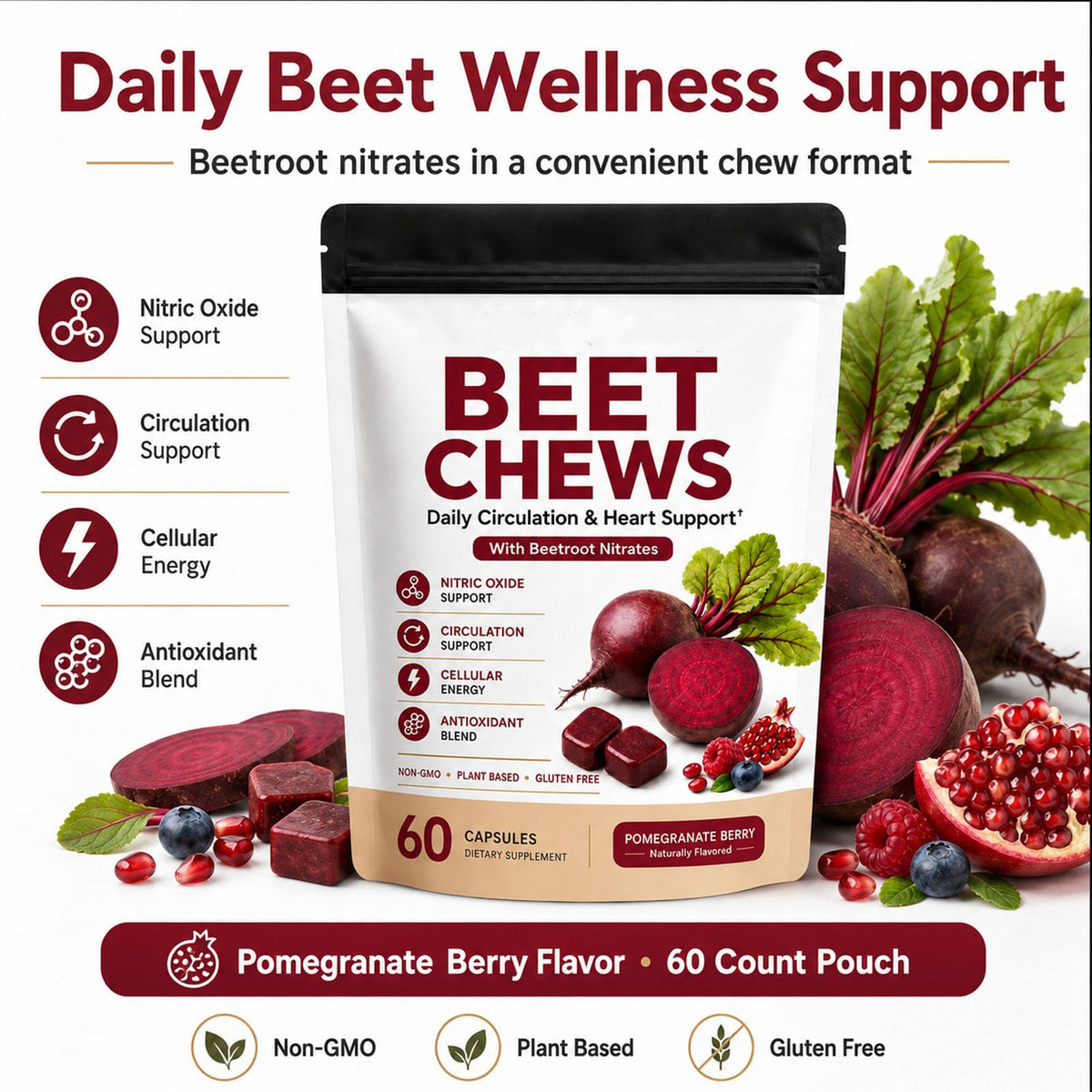 Beet Root Gummies with L-CoQ10 & Grape Seed, Berry Flavor, 60 Chew H48743