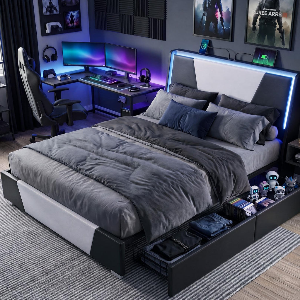 Full Size Bed Frame with Led Lights and 4 Storage Drawers R6022