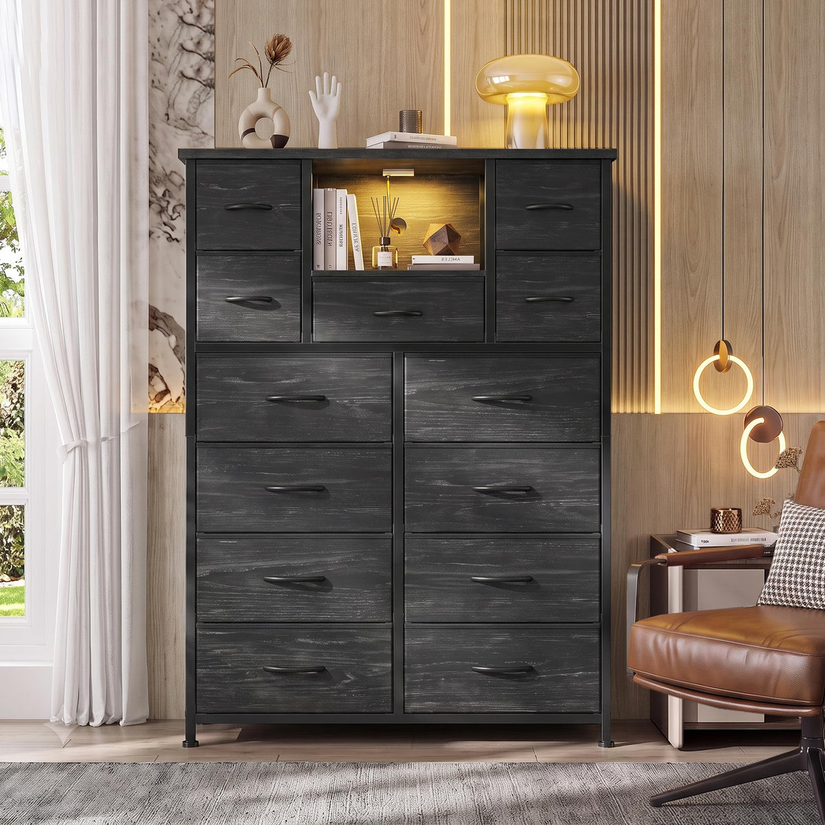 Black 13 Drawer Dresser with Charge Station and LED Light X328