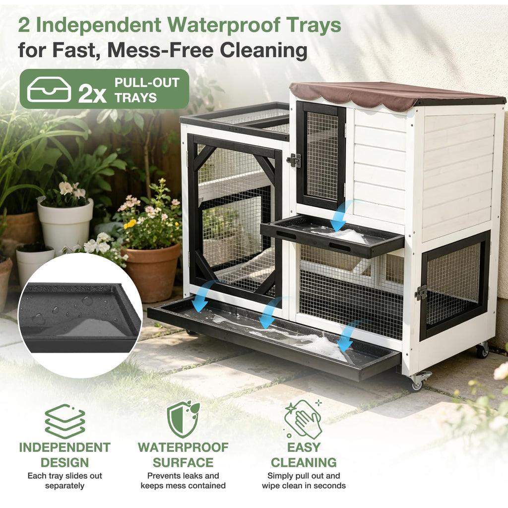 Large 2-Tier Rabbit Hutch with Wheels and Waterproof Roof E18381