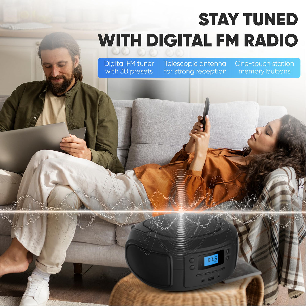 Portable Bluetooth CD Player Boombox with FM Radio C3654