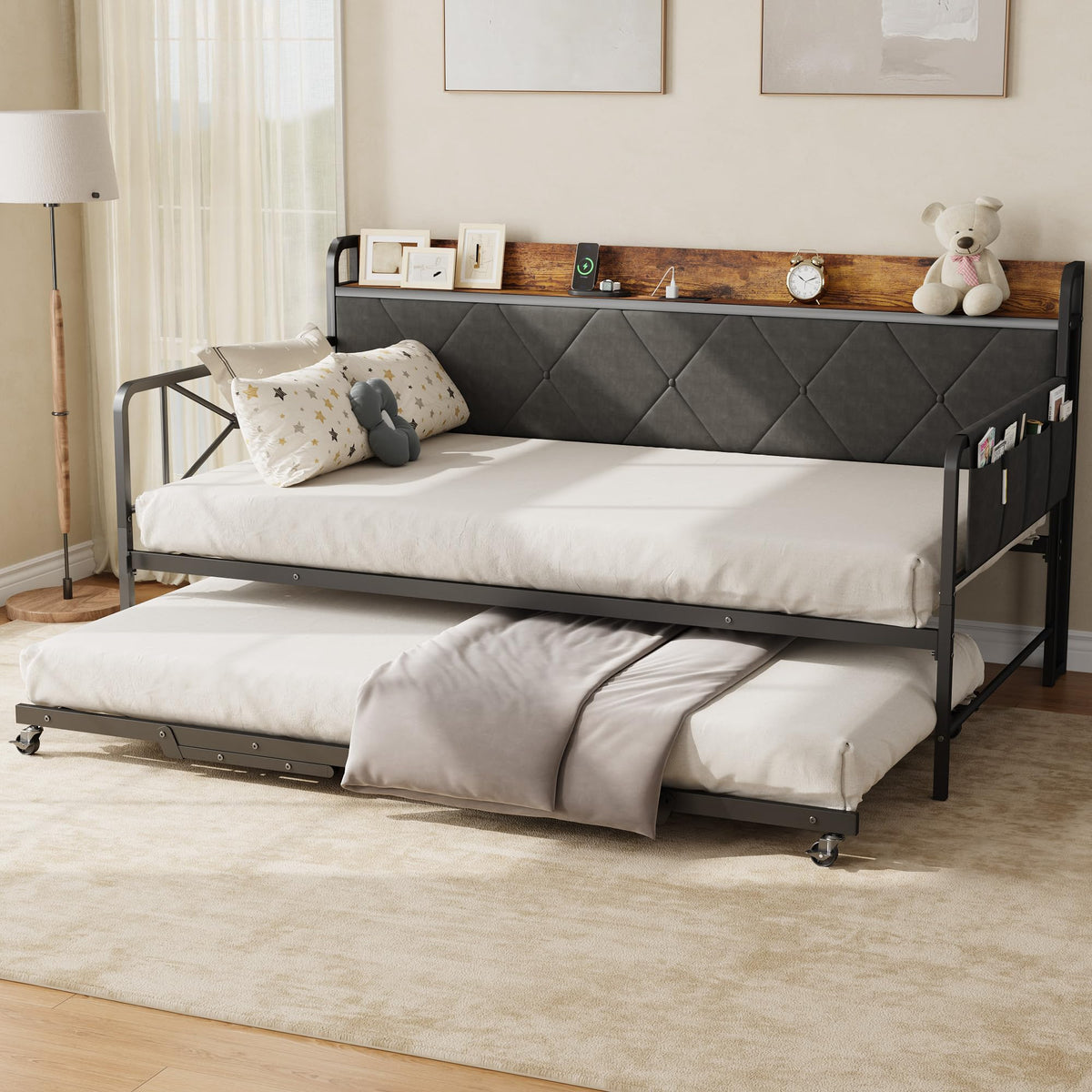 Twin Daybed with Upholstered Headboard and Trundle, Black J444623