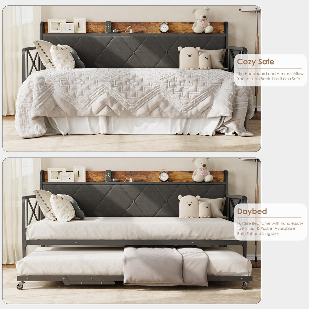 Twin Daybed with Upholstered Headboard and Trundle, Black J444623
