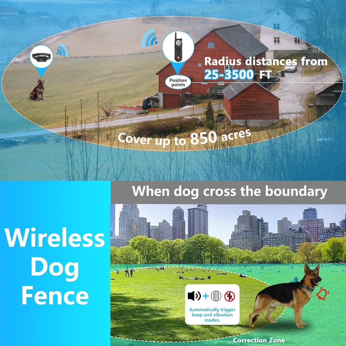 Wireless Dog Fence & Training Collar for 2 Dogs, IPX7 Waterproof, Black V82424