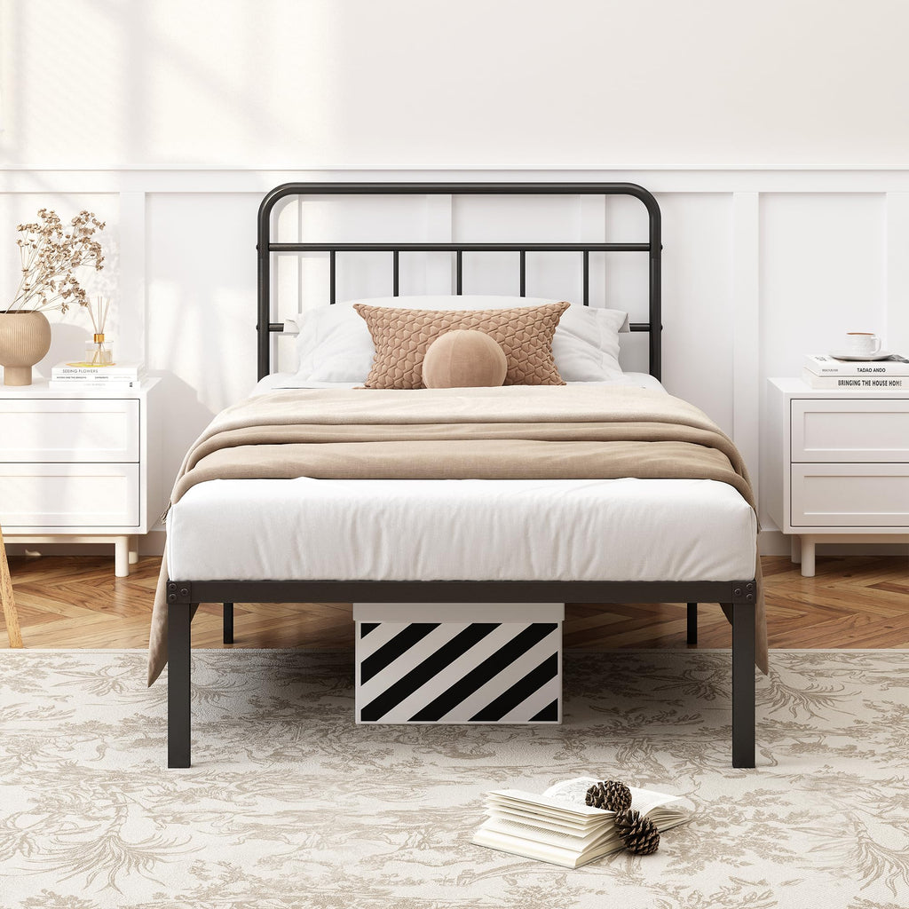 12 inches Twin Bed Frame with Minimalist Headboard, Black V974