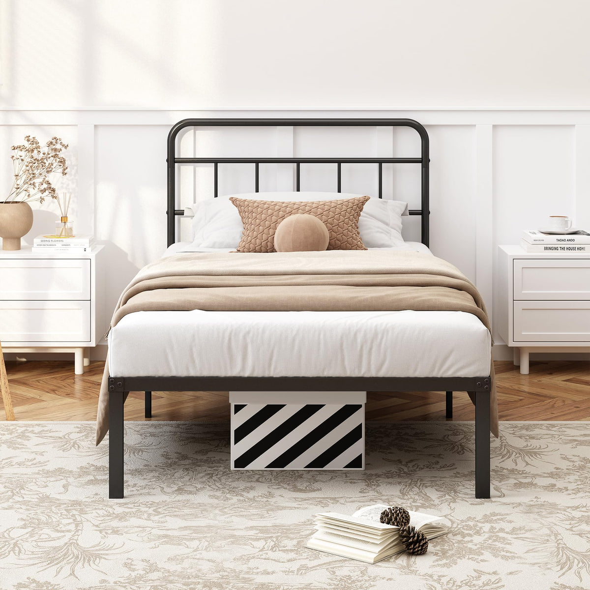 12 inches Twin Bed Frame with Minimalist Headboard, Black V974