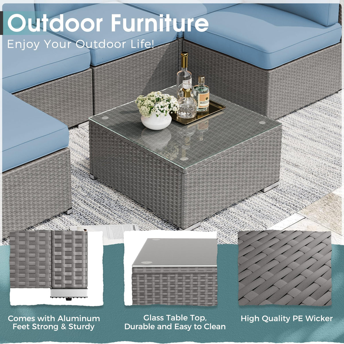 7 Piece Grey Wicker Rattan Patio Furniture Set with Glass Coffee Table T264922