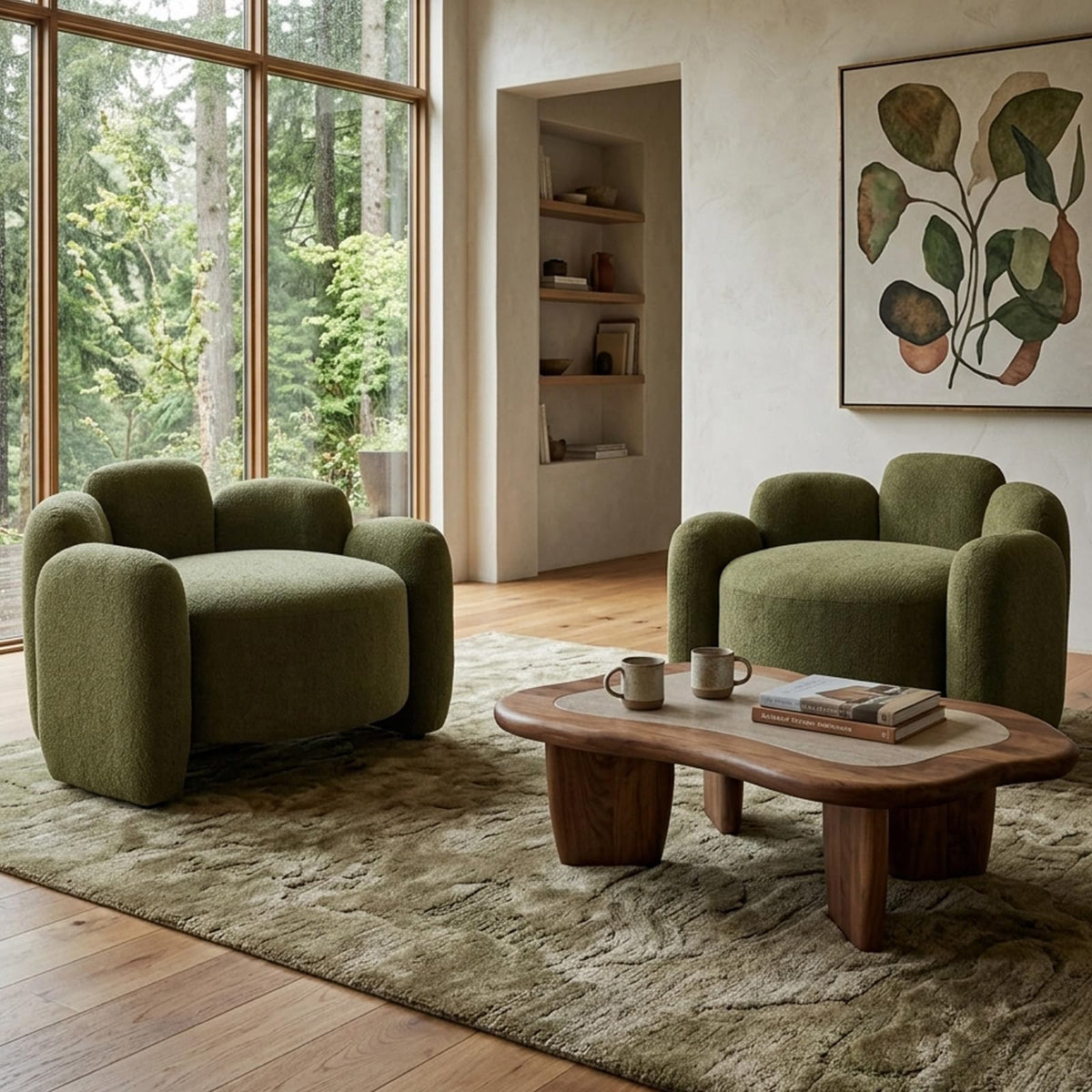 Green Mid-Century Modern Accent Chairs Set of 2 Upholstered Barrel Side Chairs with Solid Wood Base L807