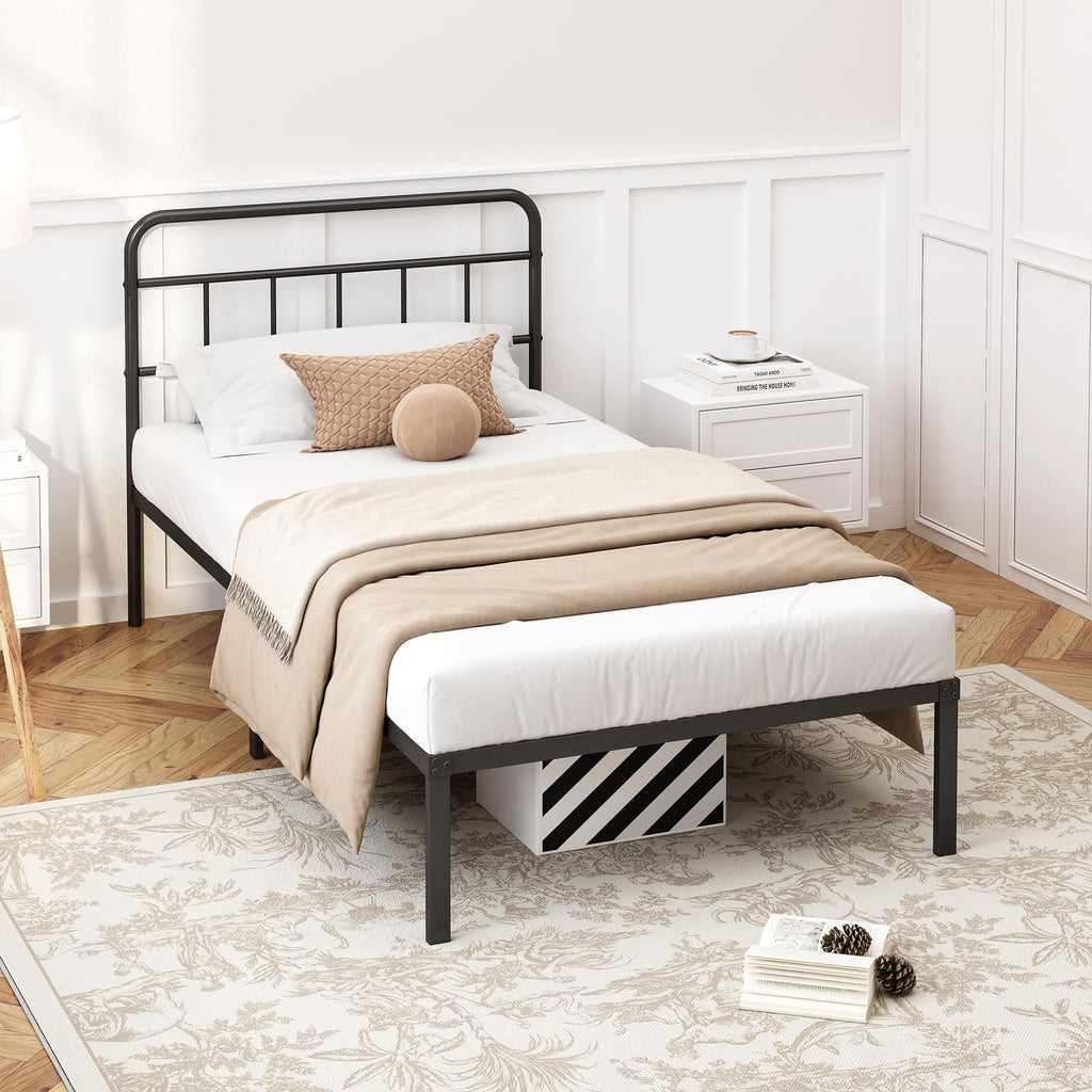 12 inches Twin Bed Frame with Minimalist Headboard, Black V974