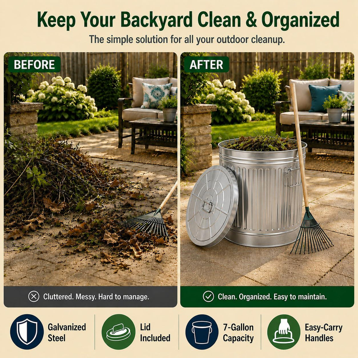 7 Gallon Galvanized Steel Trash Can with Lid X9496