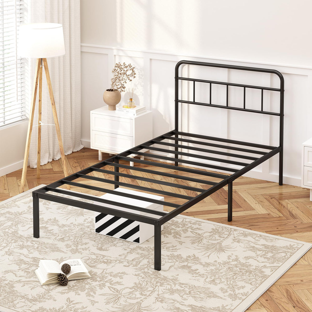 12 inches Twin Bed Frame with Minimalist Headboard, Black V974