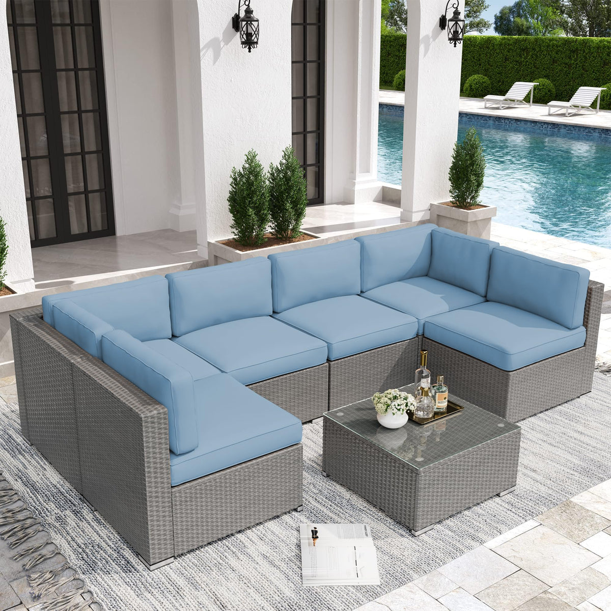7 Piece Grey Wicker Rattan Patio Furniture Set with Glass Coffee Table T264922