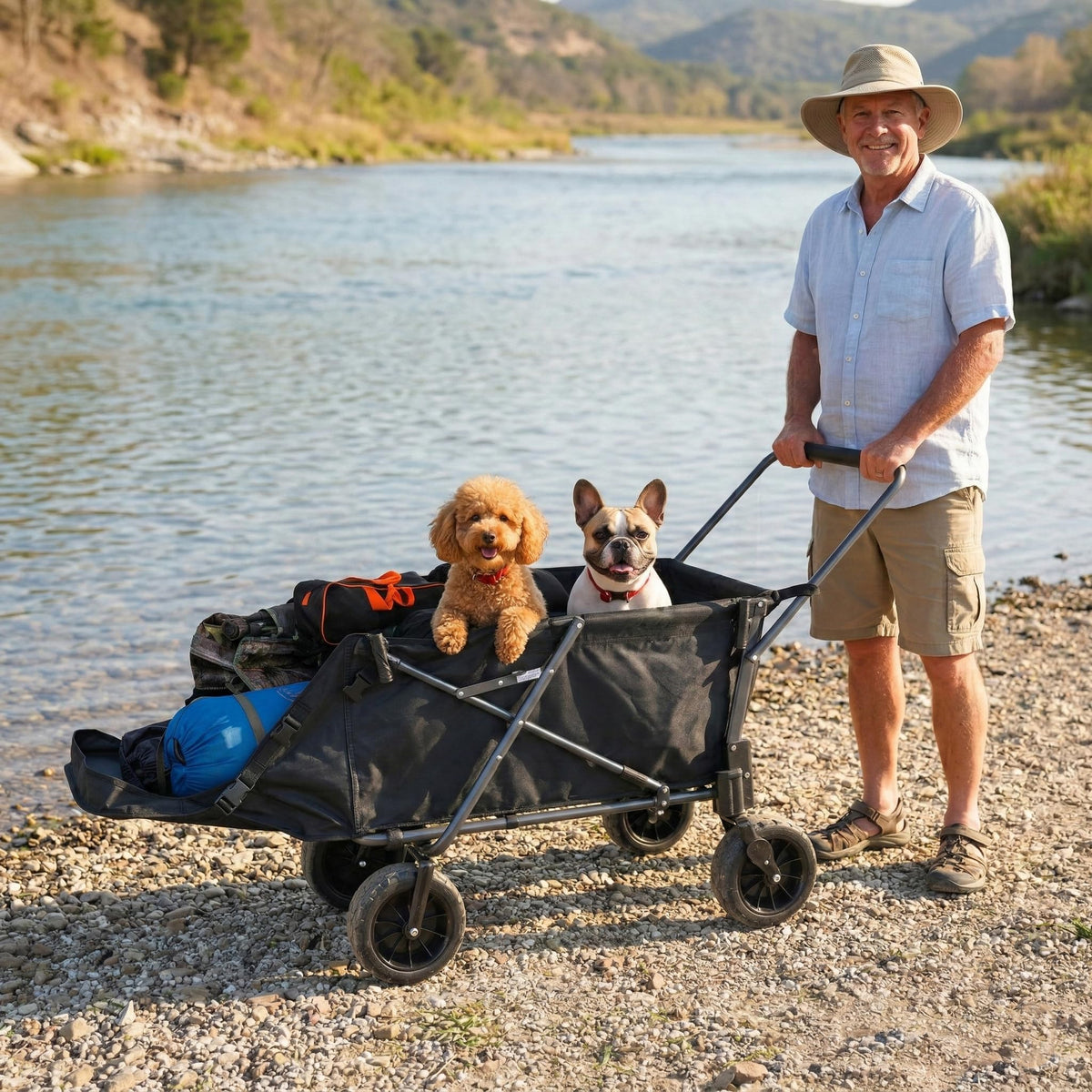 Folding Dog Wagon Cart with Extendable Rear End, 220L Collapsible Utility Cart, Black Y422