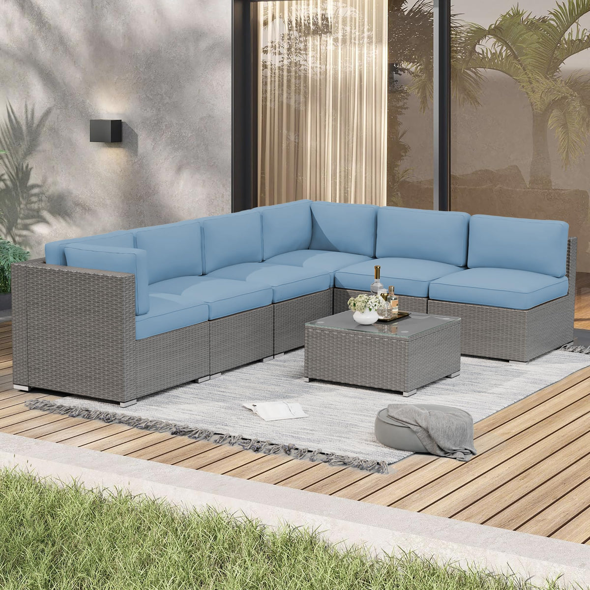 7 Piece Grey Wicker Rattan Patio Furniture Set with Glass Coffee Table T264922