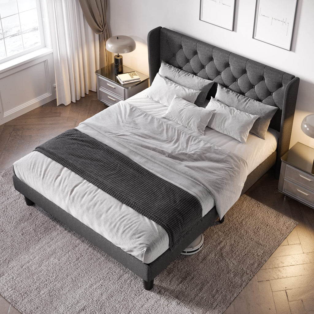 Queen Bed Frame with Button Tufted Wingback Headboard Z1212