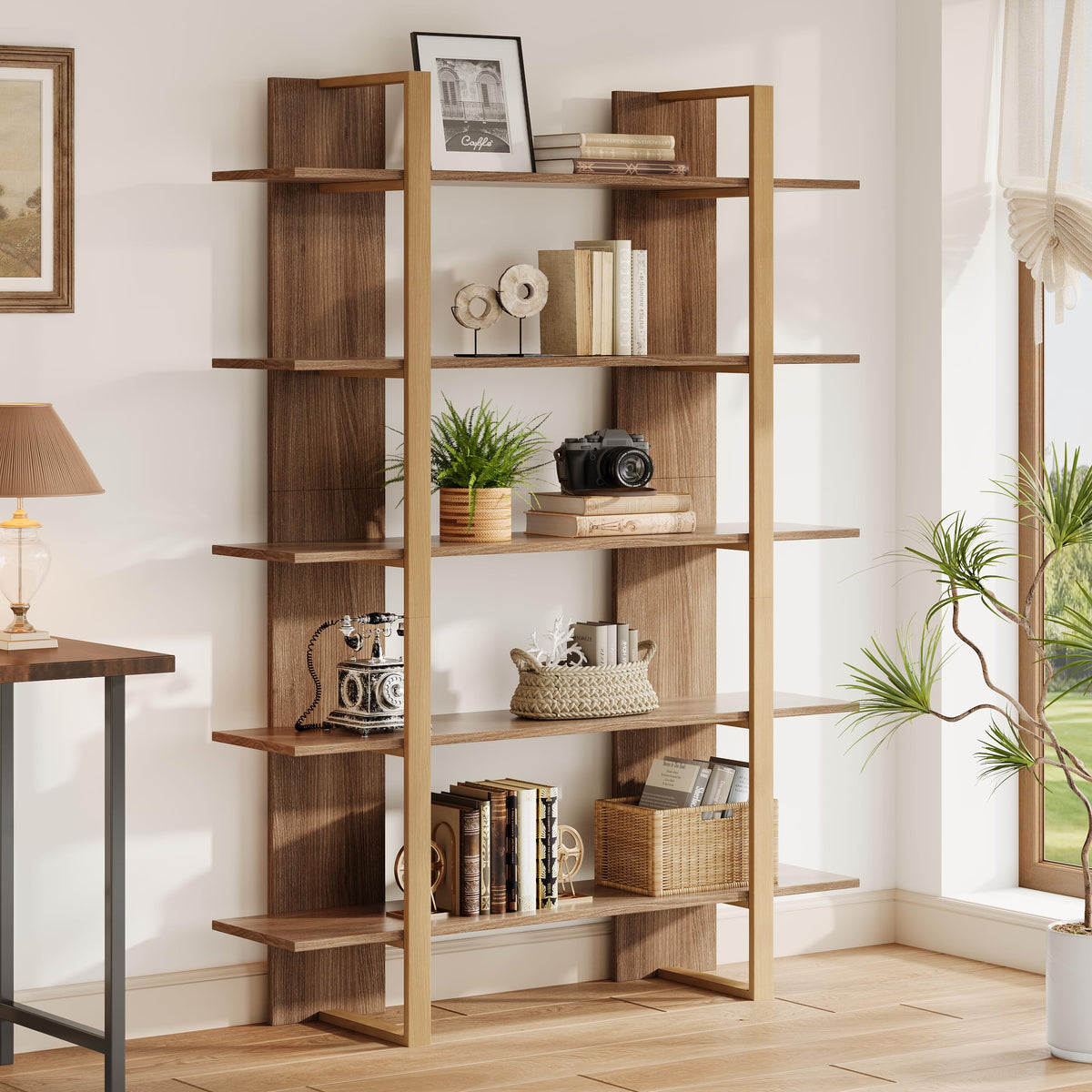 5-Tier Boho Bookshelf with Metal Frame Y340