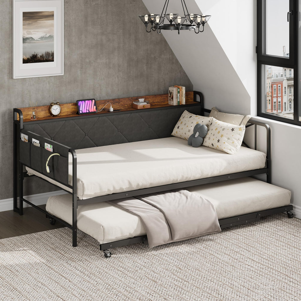 Twin Daybed with Upholstered Headboard and Trundle, Black J444623