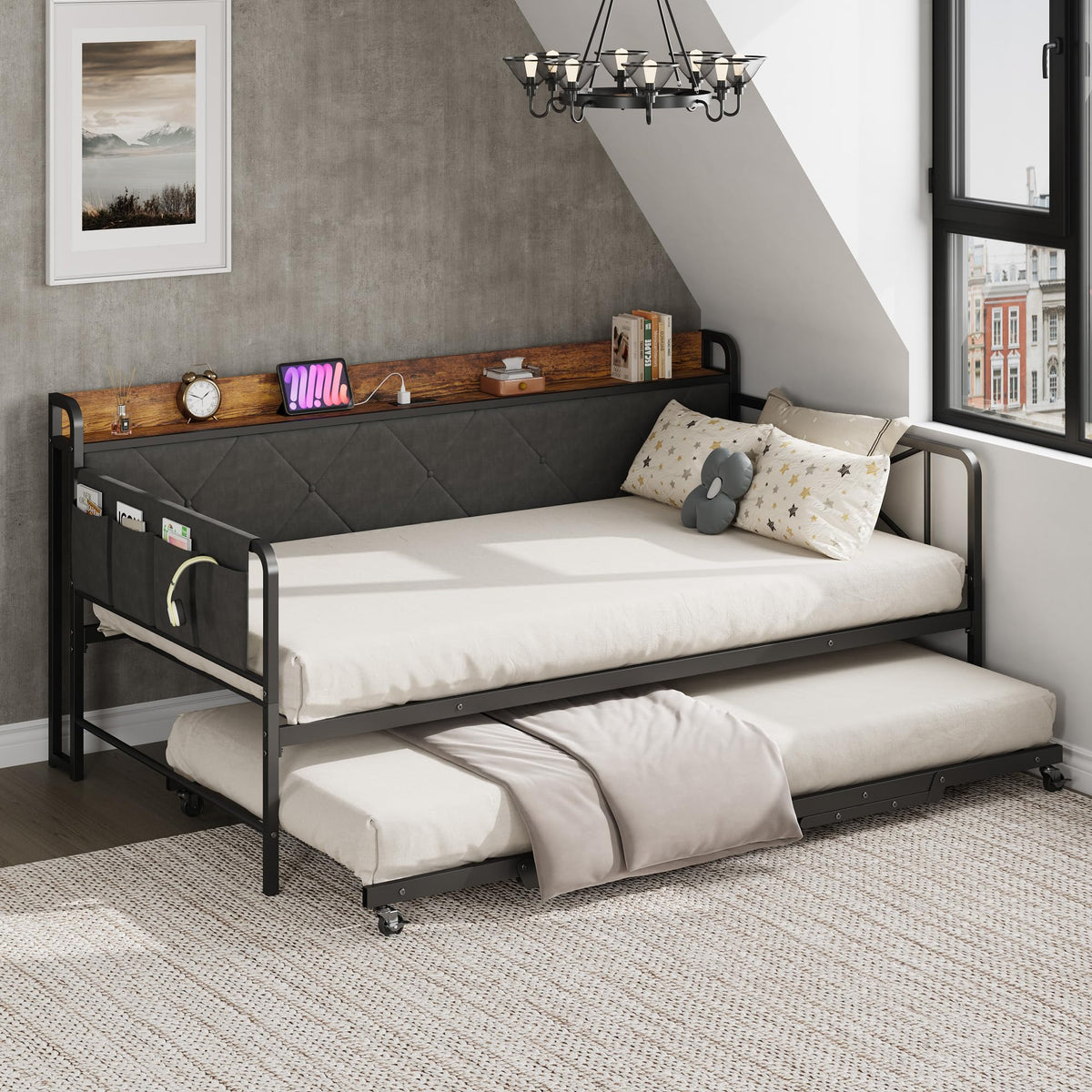 Twin Daybed with Upholstered Headboard and Trundle, Black J444623