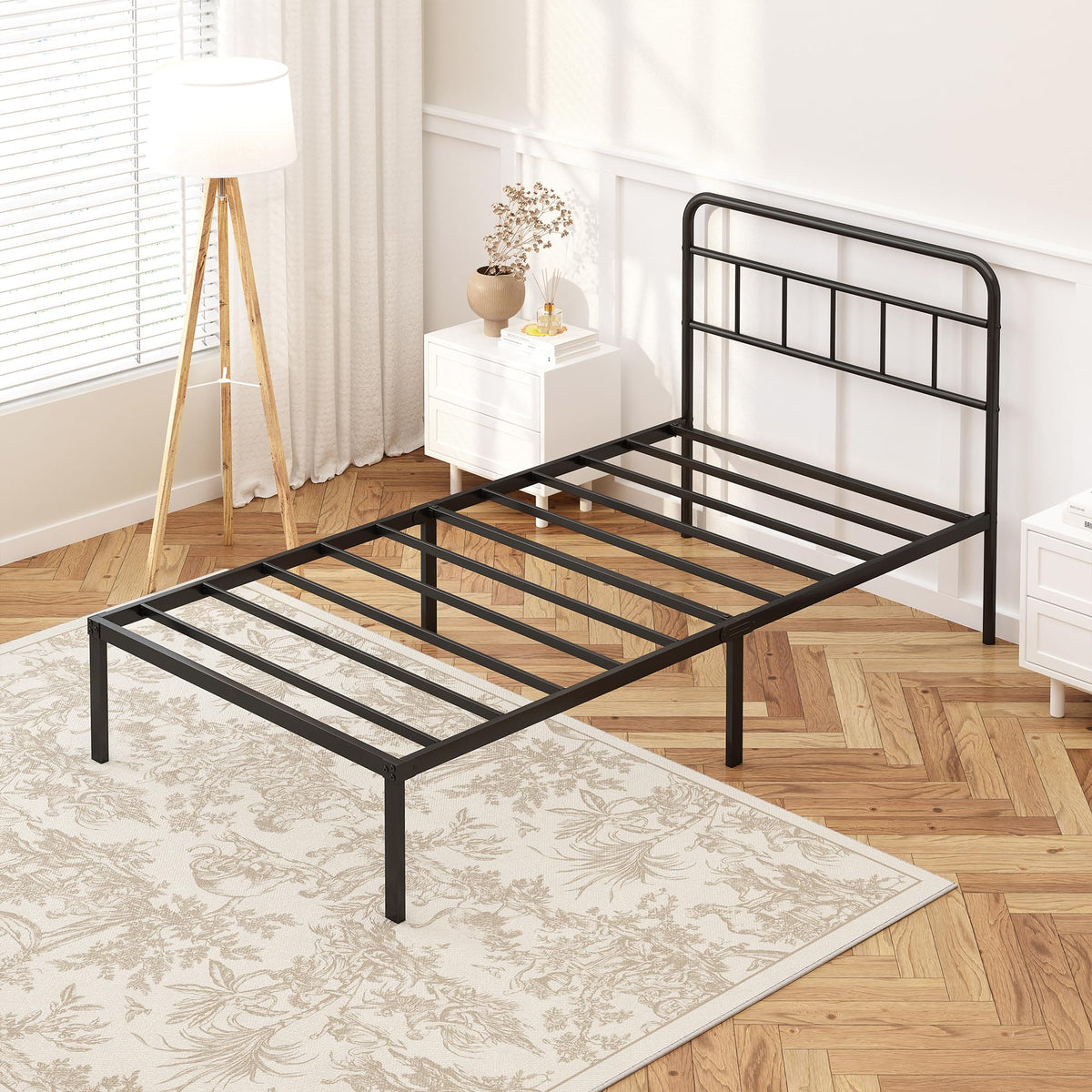 12 inches Twin Bed Frame with Minimalist Headboard, Black V974