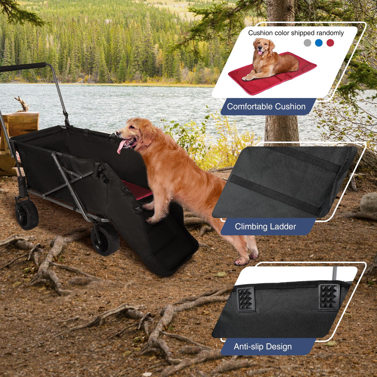 Folding Dog Wagon Cart with Extendable Rear End, 220L Collapsible Utility Cart, Black Y422